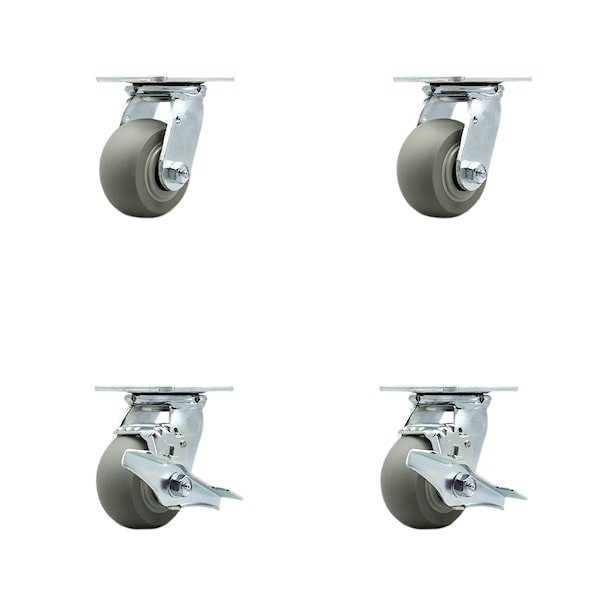 4 Inch Thermoplastic Rubber Swivel Caster Set with Ball Bearings 2 Brakes SCC